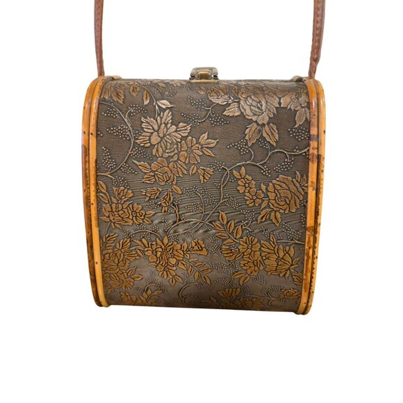 Vintage wood & bamboo basket handbag purse embossed Floral Latch Closure retro - Picture 2 of 12